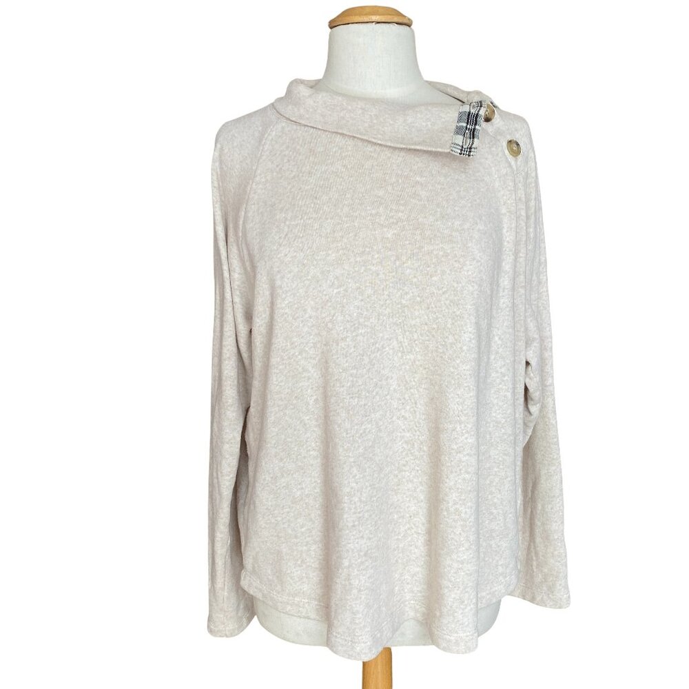 J Crew Factory Button Funnel Neck Sweatshirt Oatmeal Plaid Cloudspun Fleece-XL